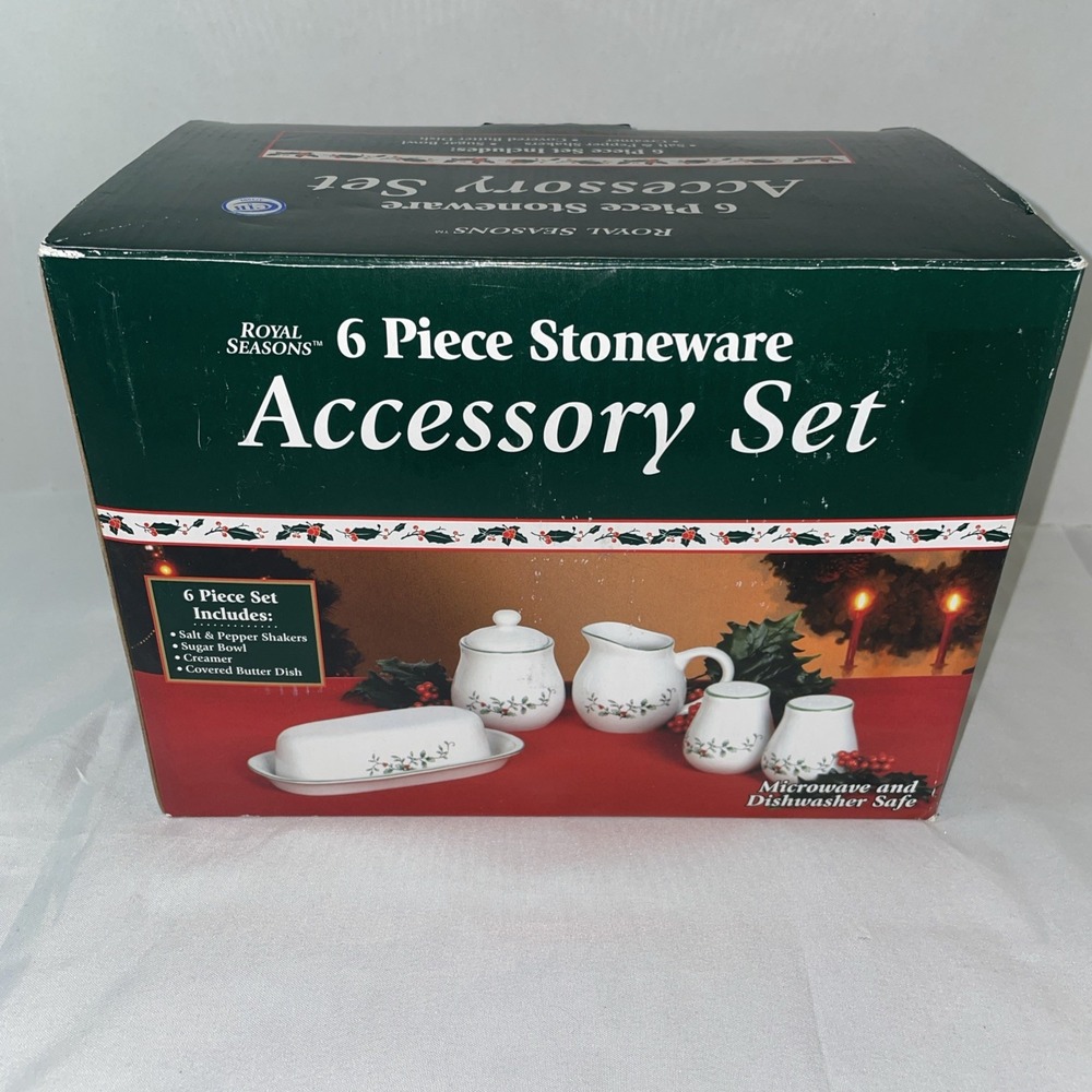 Royal Seasons 6 Piece Stoneware Accessory Set Christmas Holly Berry Holiday New